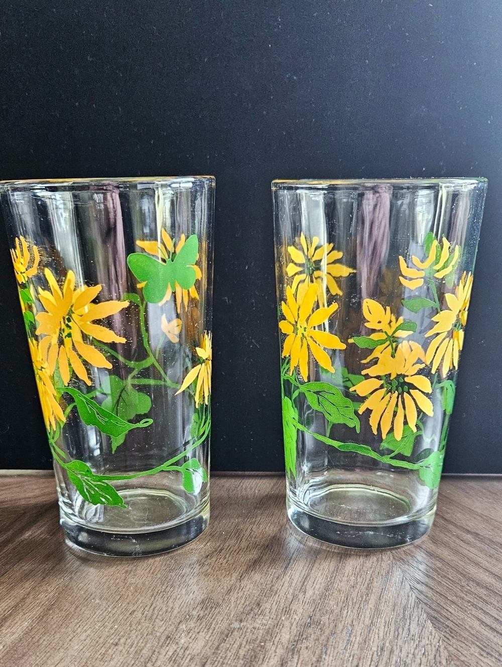 Vintage MCM Floral Glass Tumblers - Yellow Flowers & Green Leaves (Set of 2)